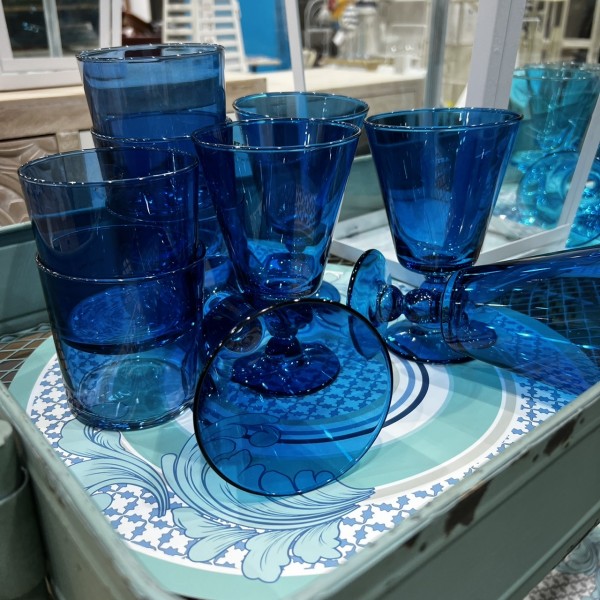 SET BOTTIGLIA ROSOLIO 6 BICCHIERI CRISTALLO MOLATO CUT BLU COBALTO Clear Glass